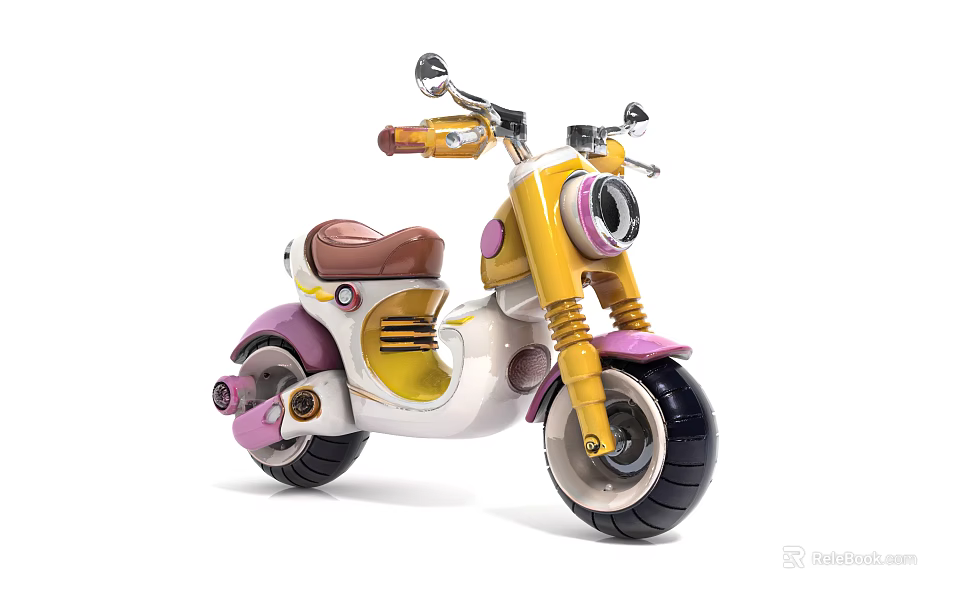 Kids Ride On Motorcycle With Yellow Pink White Cute Design And Brown Seat 3d model 