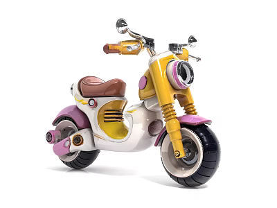 Kids Ride On Motorcycle With Yellow Pink White Cute Design And Brown Seat 3d model