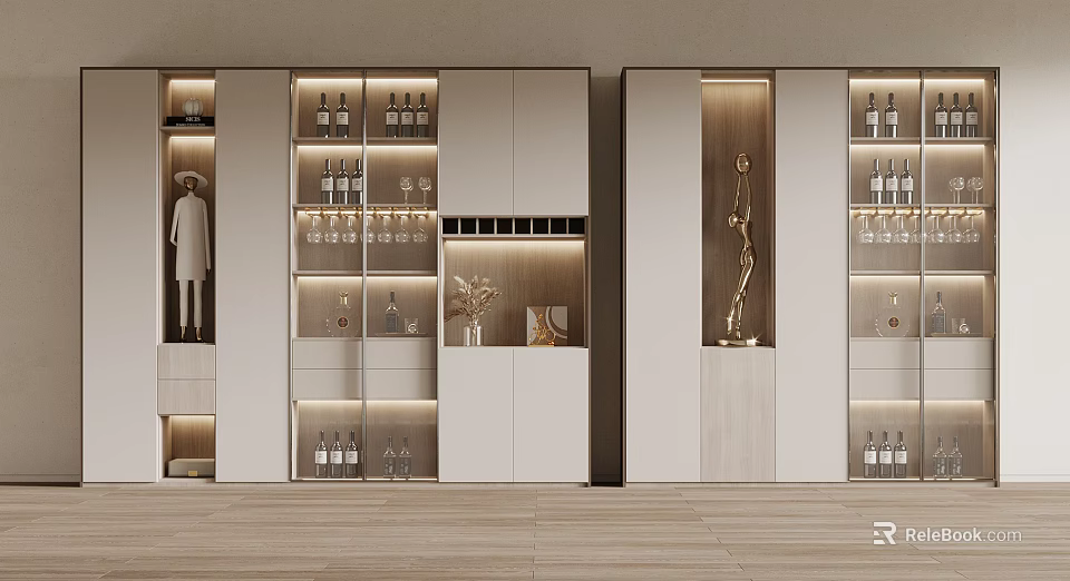 Elegant Modern Wine Cabinet Design With Glass Doors Built-in Lighting And Decorative Sculpture 3d model 