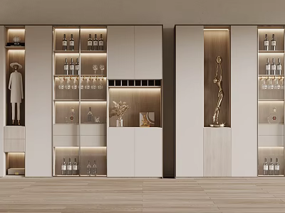 Elegant Modern Wine Cabinet Design With Glass Doors Built-in Lighting And Decorative Sculpture 3d model