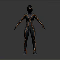 Futuristic 3D Game and Movie Character in Dark Form Fitting Suit With Yellow Accents
