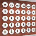 Red Brick Background Wall With Circular Transparent Display Frames Holding Various Items 3d model