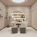 Modern Office Interior With Circular Ceiling Light Arched Shelf White Desk And Gray Stools 3d model