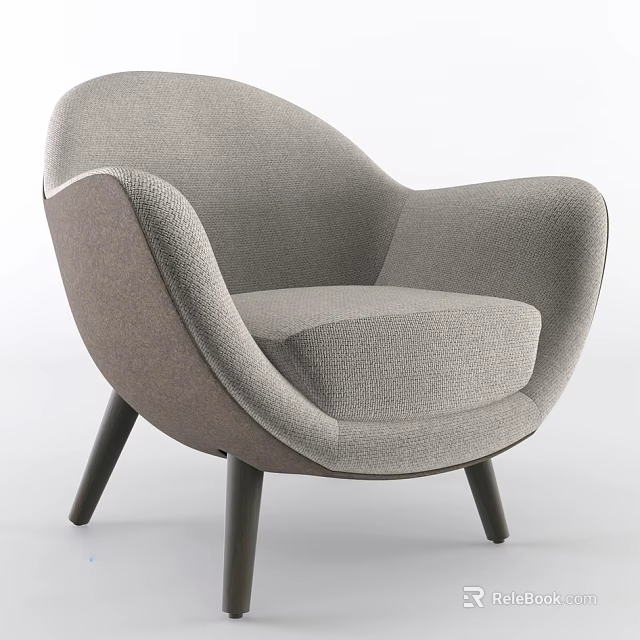 Modern Gray Fabric Armchair With Curved Backrest And Tapered Black Wooden Legs 3d model 