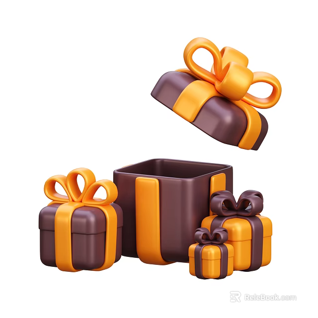 Ornament Decor Set Featuring Brown Orange Gift Boxes With Bows In Various Sizes 3d model