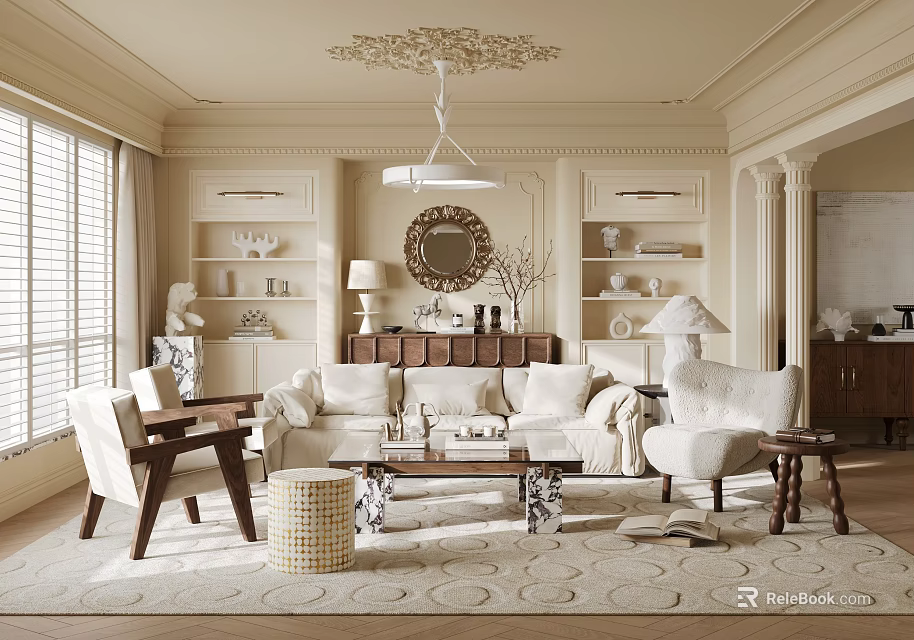 Elegant Classic Living Room Featuring Carved Ceiling Chandelier Beige Sofa Coffee Table And Decor Shelves 3d model 