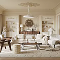 Elegant Classic Living Room Featuring Carved Ceiling Chandelier Beige Sofa Coffee Table And Decor Shelves