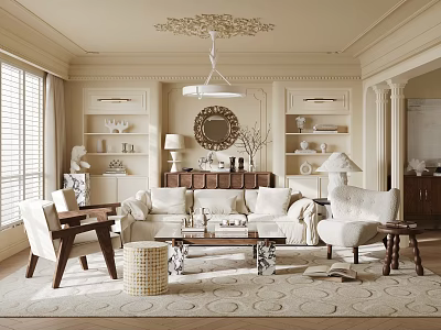 Elegant Classic Living Room Featuring Carved Ceiling Chandelier Beige Sofa Coffee Table And Decor Shelves 3d model