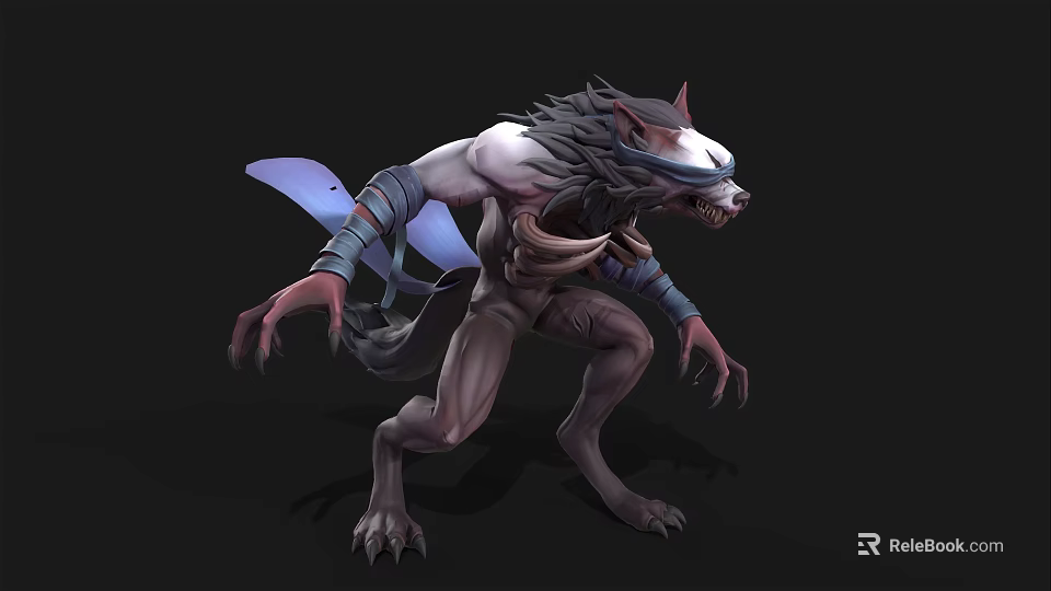 Fierce Fantasy Wolf Creature With Blue Wings Sharp Claws Headband And Muscular Body 3d model 