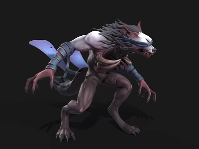 Fierce Fantasy Wolf Creature With Blue Wings Sharp Claws Headband And Muscular Body 3d model