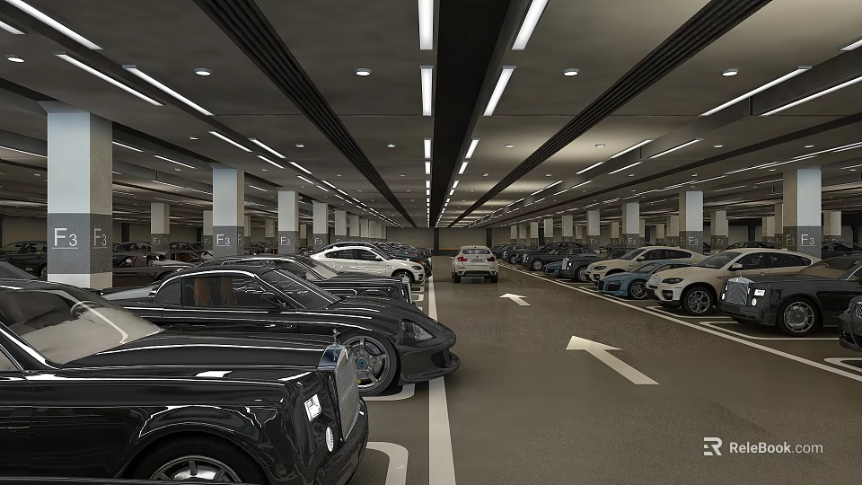 Modern Indoor Parking Garage With Parked Cars White Pillars And Lighting 3d model 