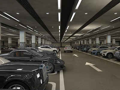 Modern Indoor Parking Garage With Parked Cars White Pillars And Lighting 3d model