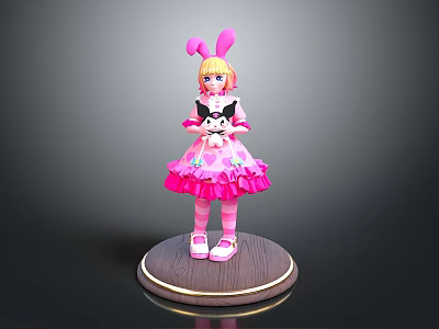 3D Character Figure With Pink Bunny Ears Frilly Dress Holding Teddy Bear On Wooden Base 3d model