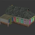 Single Family Detached House With Green Roof White And Orange Walls Multiple Windows And Chimney