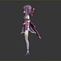 Cute Game Movie Character With Purple Hair Pink Bow Purple Dress White Gloves Striped Socks