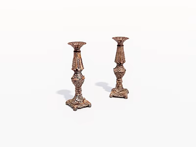Pair Of Ornate Brass Candle Holders With Intricate Carved Design 3d model