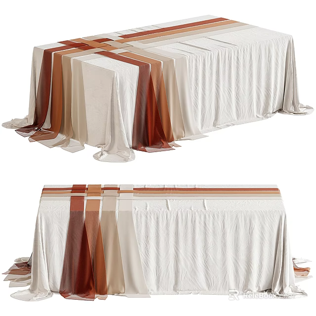 Elegant Dining Table With Soft Beige And Brown Striped Tablecloth Design 3d model 