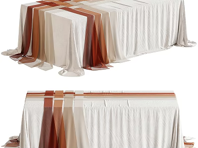 Elegant Dining Table With Soft Beige And Brown Striped Tablecloth Design 3d model