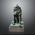 Ancient Bronze Lion Sculpture With Square Stone Base And Intricate Details