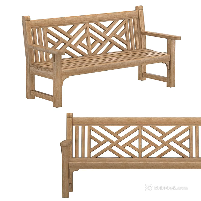 Wooden Outdoor Bench With Geometric Lattice Backrest And Classic Design 3d model 