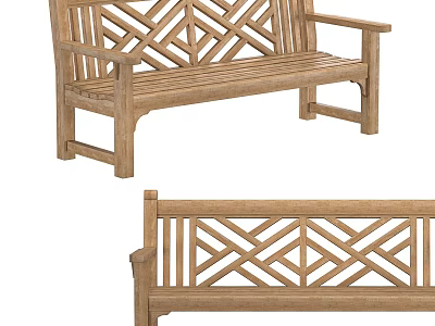 Wooden Outdoor Bench With Geometric Lattice Backrest And Classic Design 3d model