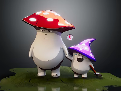 Game Cartoon Characters with Red Polka Dot and Purple Star Mushroom Hats Holding Broom Standing Together 3d model