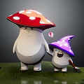 Game Cartoon Characters with Red Polka Dot and Purple Star Mushroom Hats Holding Broom Standing Together