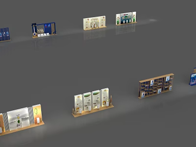 Various Retail Display Units in Blue Beige Wooden Designs with Products and Bottles 3d model