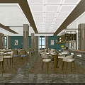 Modern Restaurant Interior With Marble Floor Wooden Tables Chairs Pendant Lights And Green Walls