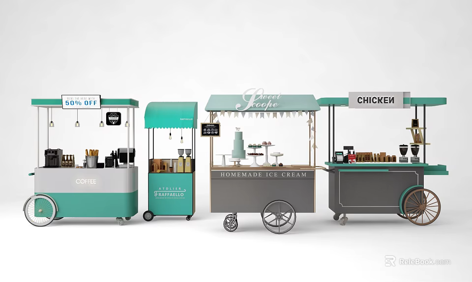 Mobile Food Carts Selling Coffee Homemade Ice Cream And Chicken With Awning Wheels 3d model 