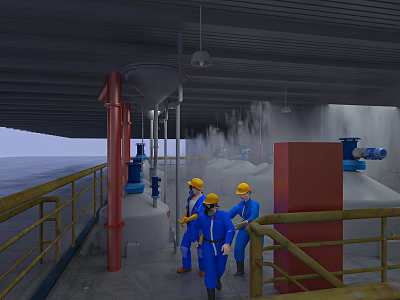 Industrial Factory Interior With Workers In Blue Uniforms Yellow Hard Hats And Industrial Equipment 3d model