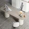 Modern Desk And Chair Set With Wooden Tabletop Cylindrical Legs Gray Office Chair And Bookshelves