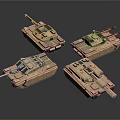 Four Sand Colored Tank Models With Cannons On Dark Reflective Background 3d model
