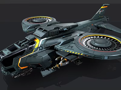 Futuristic Fighter Jet With Sleek Dark Body Large Turbine Engines And Yellow Accents 3d model