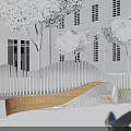 Modern Wave Shaped Outdoor Chair With Metal Frame And Wooden Seat In Park Plaza
