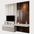 Modern Luxury TV Background Wall With White Panel Dark Wood Gold Lines And Decorative Items