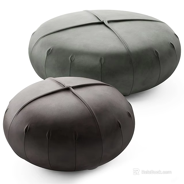Modern Round Ottoman in Green and Brown Leather with Cross Stitch Design for Living Room Decor 3d model 