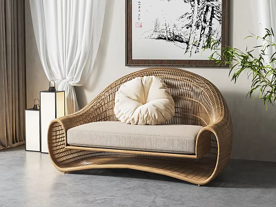 Woven Rattan Multi Seater Sofa With Beige Cushion In Modern Interior 3d model
