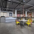 Industrial Style Restaurant Interior With Colorful Chairs Large Windows Ceiling Pipes And Dining Tables