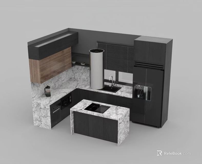 Modern Kitchen Interior With Black Wooden Cabinets And Marble Island Countertop 3d model 
