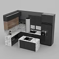 Modern Kitchen Interior With Black Wooden Cabinets And Marble Island Countertop