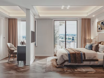 Modern Bedroom Interior With Queen Size Bed Wooden Floor Large Windows And Decorative Rug 3d model