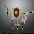 Decorative Medieval Weapons Collection Featuring Bow Shield Sword And Axe With Golden Accents