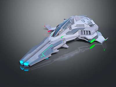 Futuristic Spaceship 3D Model With Sleek Gray Body Green Blue Accent Lights And Aerodynamic Design 3d model