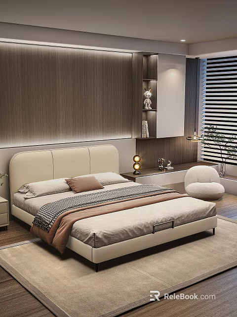 Modern Cozy Double Bed with Cream Headboard Bedding Nightstand Table Lamp Bookshelf and Blinds 3d model 