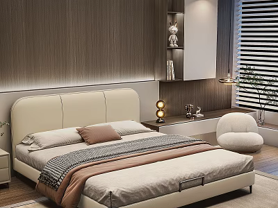 Modern Cozy Double Bed with Cream Headboard Bedding Nightstand Table Lamp Bookshelf and Blinds 3d model