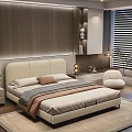 Modern Cozy Double Bed with Cream Headboard Bedding Nightstand Table Lamp Bookshelf and Blinds