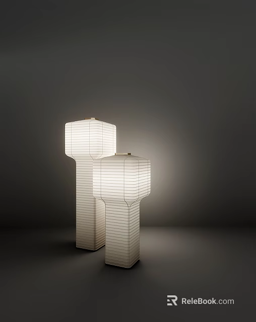 Two White Floor Lamps With Square Striped Shades And Cylindrical Stands In Dark Background 3d model 