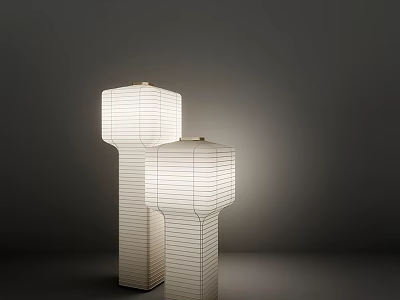 Two White Floor Lamps With Square Striped Shades And Cylindrical Stands In Dark Background 3d model