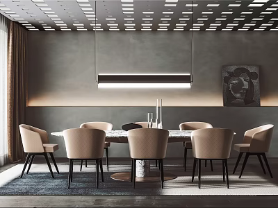 Modern Dining Table Set With Beige Upholstered Chairs And Marble Top In Contemporary Interior 3d model